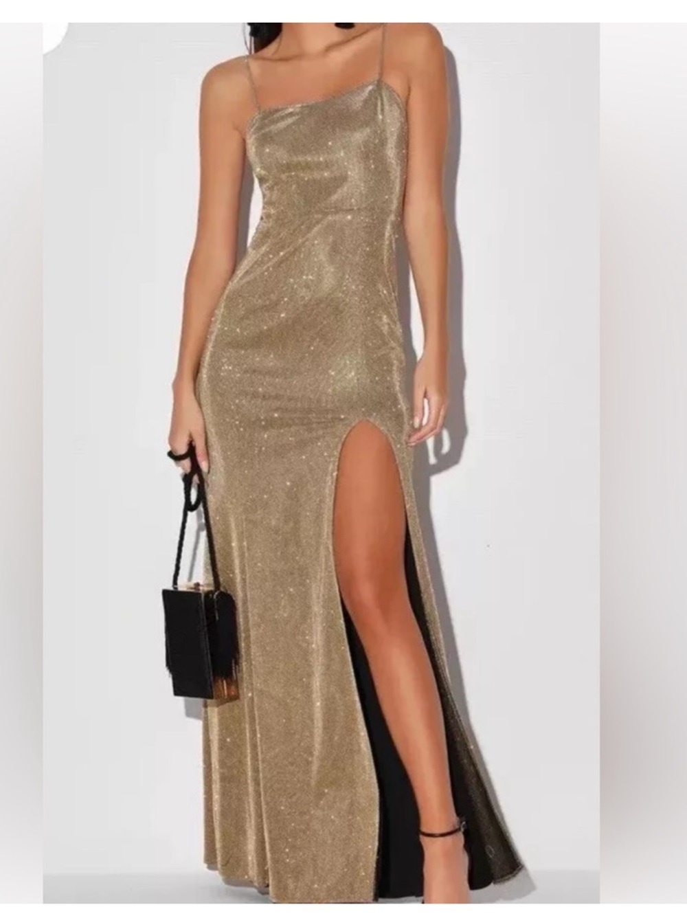 Lulus Gold Maxi Dress Gown Glitter Sparkle Formal Evening Event Hoco Strap